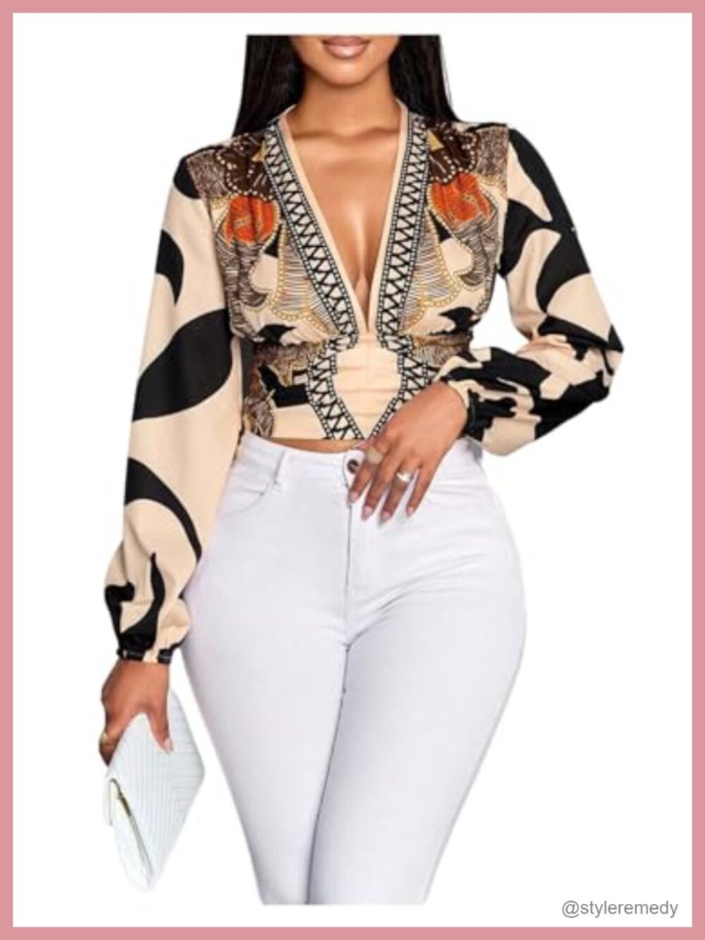 Boho Floral Print Deep V Neck Long Sleeve Smocked Crop Blouse